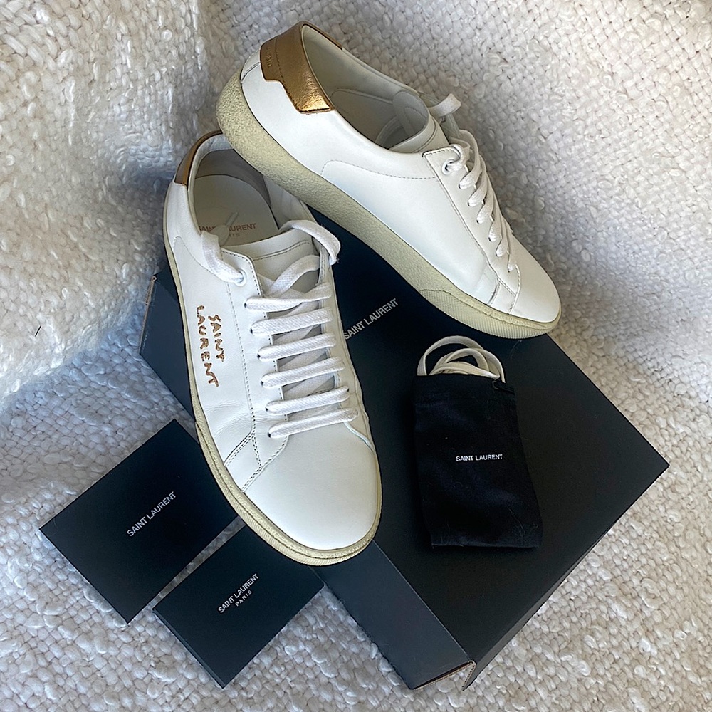 Authentic Saint Laurent silk embroidery leather sneakers size 40